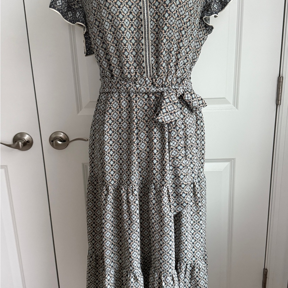 NWT Max Studio Womens Blue Ruffle Short Sleeve Pattern Midi Dress Ruffled Sz M